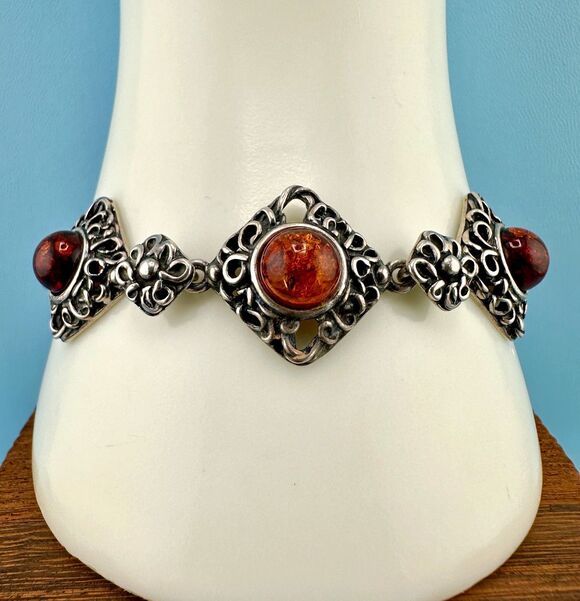 Estate Jewelry - Vintage Sterling Silver Amber Bracelet Diamond Shape Filigree Floral Link Signed